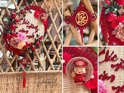 Vòng treo cửa Tết mẹt tre Chúc Mừng Năm Mới cành lựu quạt Đỏ [Vòng nhẹ] N50cm VTC-T-46